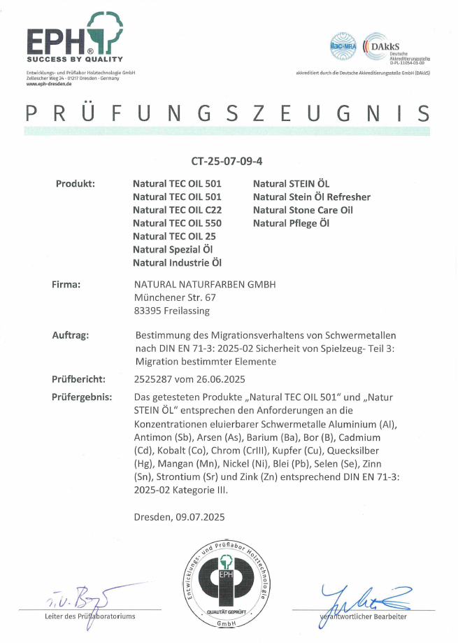 Prüfzeugnis EN 71-3 u.a. für TEC-Oil Natural-Naturfarben